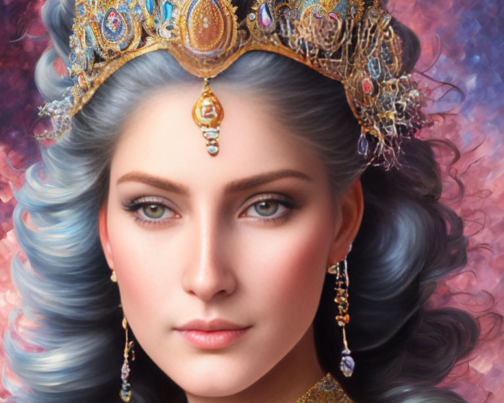 Portrait of woman with blue hair and ornate golden crown with gemstones.