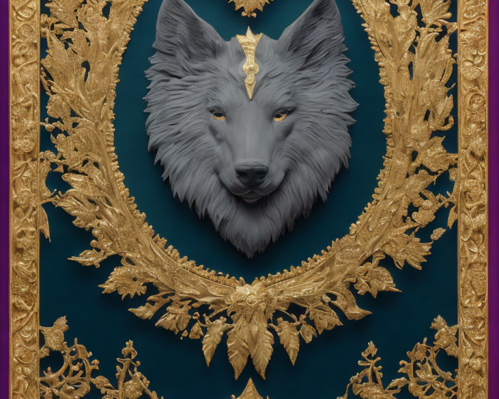 Realistic wolf head sculpture in golden leaf frame on teal background