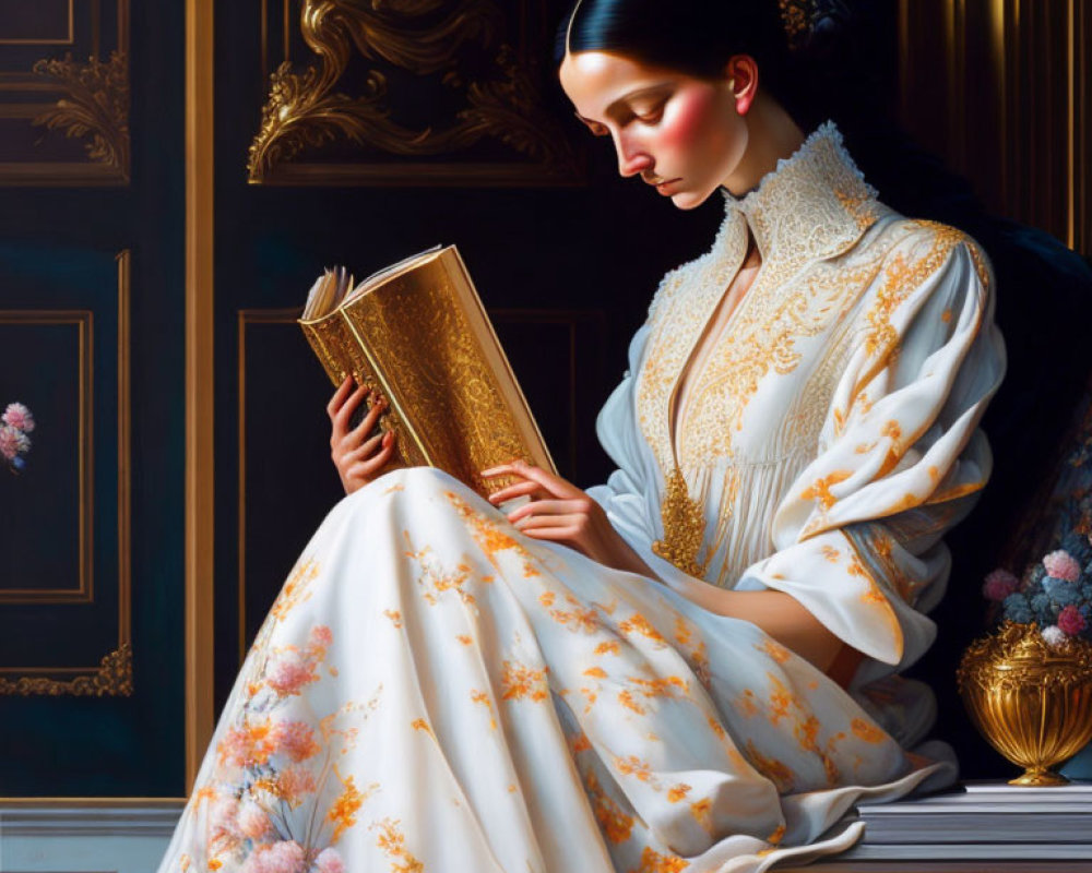 Woman in white floral dress reading golden book in elegant interior