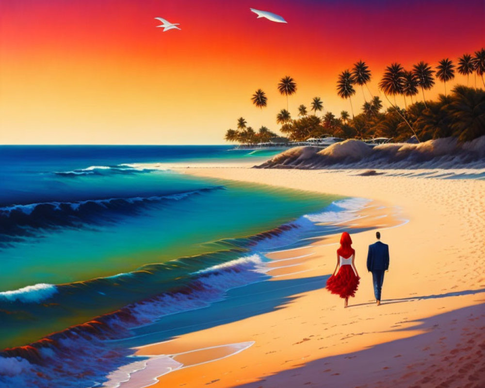 Couple Walking on Beach at Sunset with Palm Trees and Vibrant Sky Colors