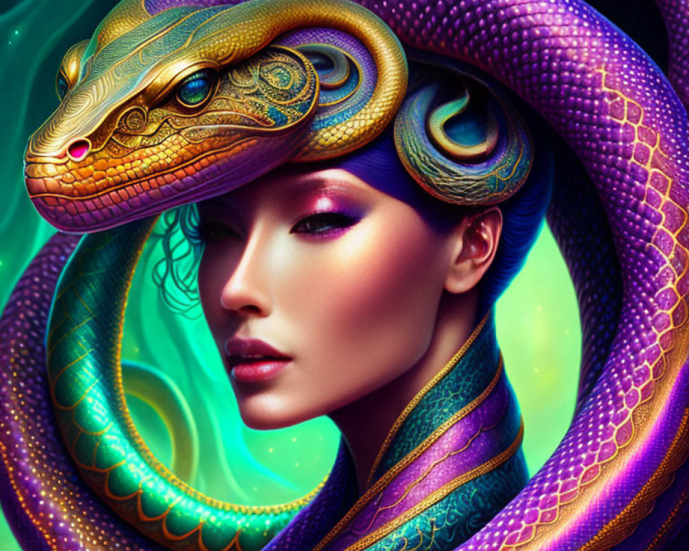 Colorful digital artwork: Woman with snake headdress