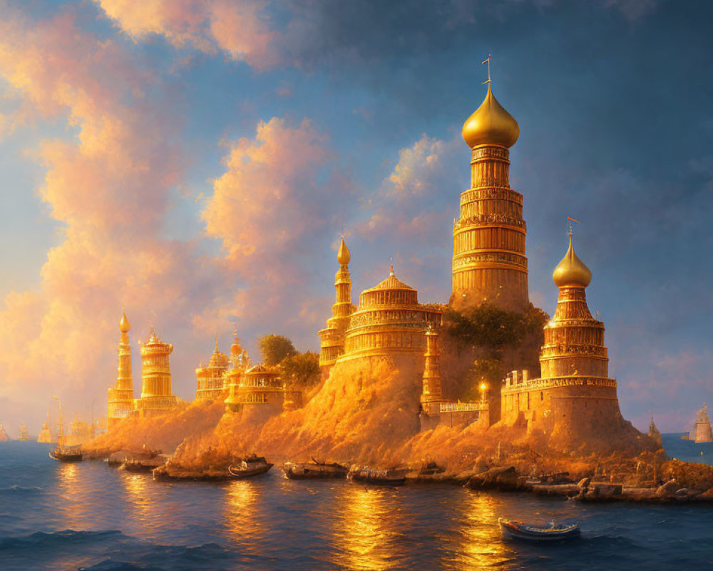 Golden-domed castle on secluded island under dramatic sky with blue and orange hues