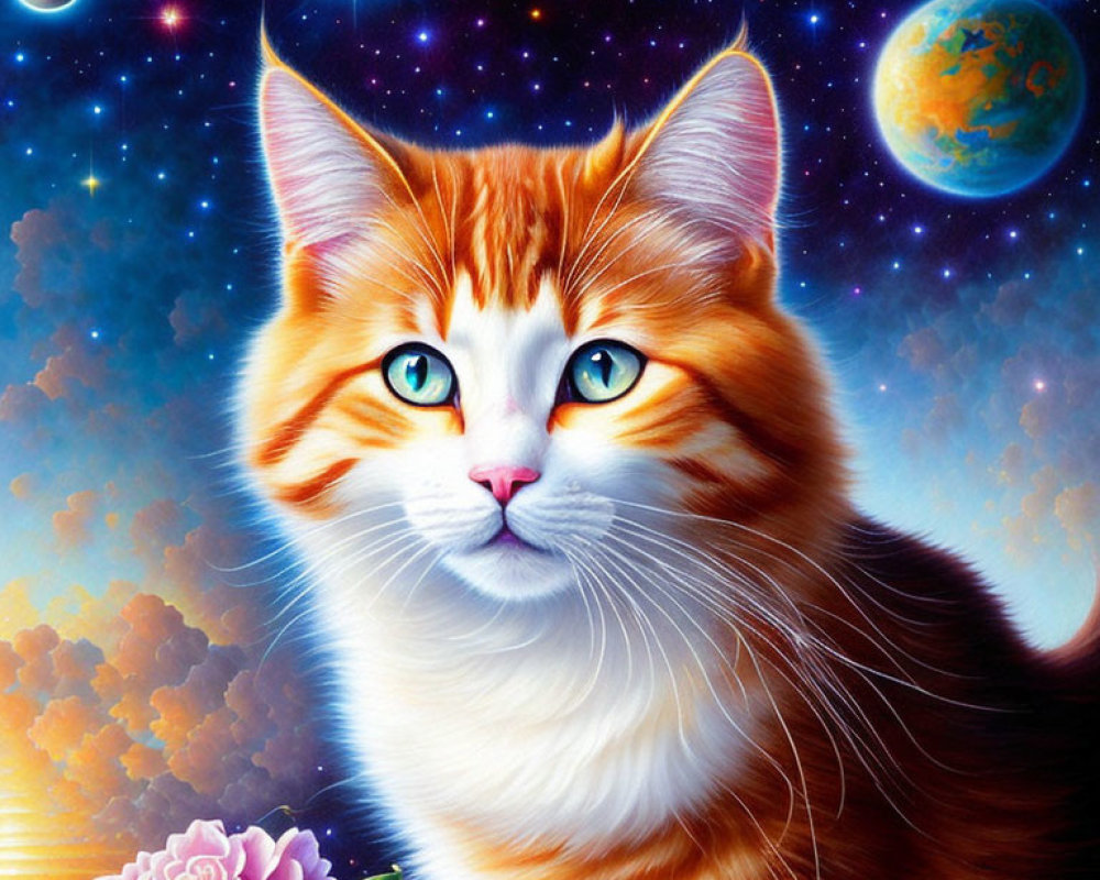 Illustrated cat with blue-green eyes in space with pink rose and planet