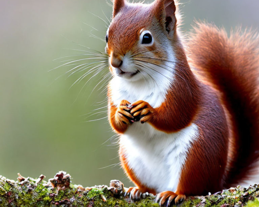 Red squirrel with nut on mossy branch in soft-focus background