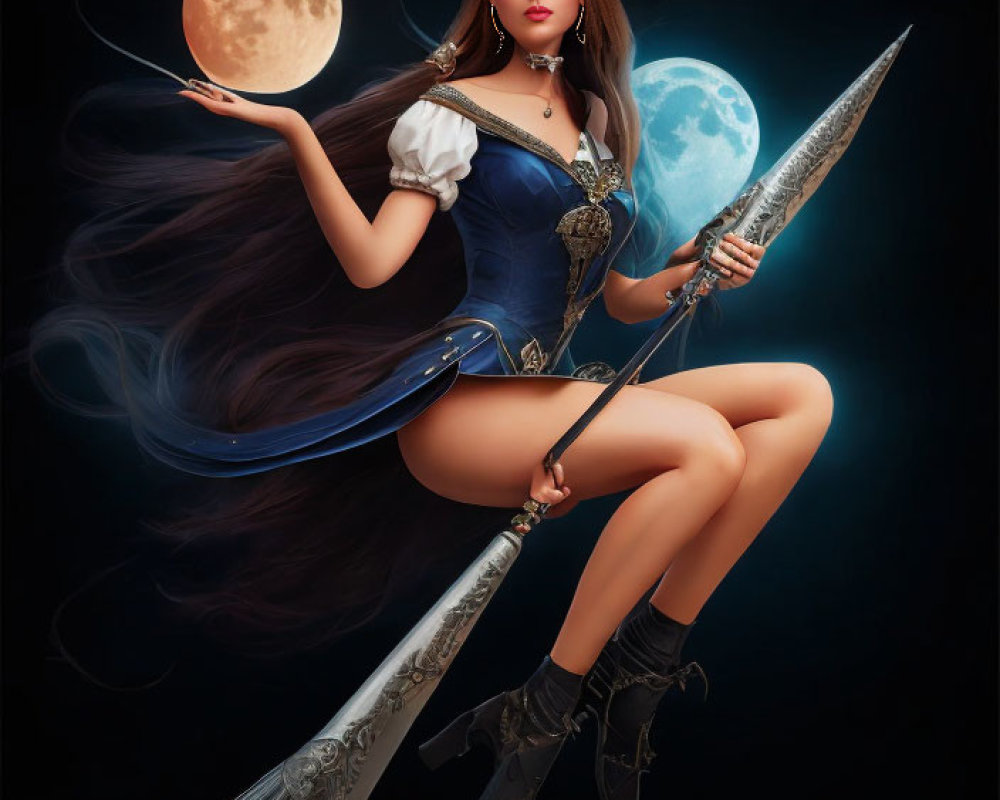 Fantasy illustration of witch with long hair, blue outfit, spear, broomstick, full moon