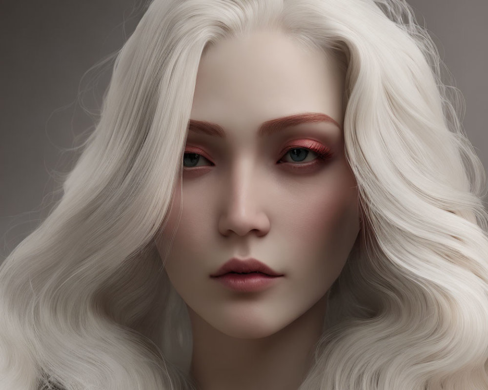 Pale-skinned woman with long white hair and red eyes on grey backdrop.