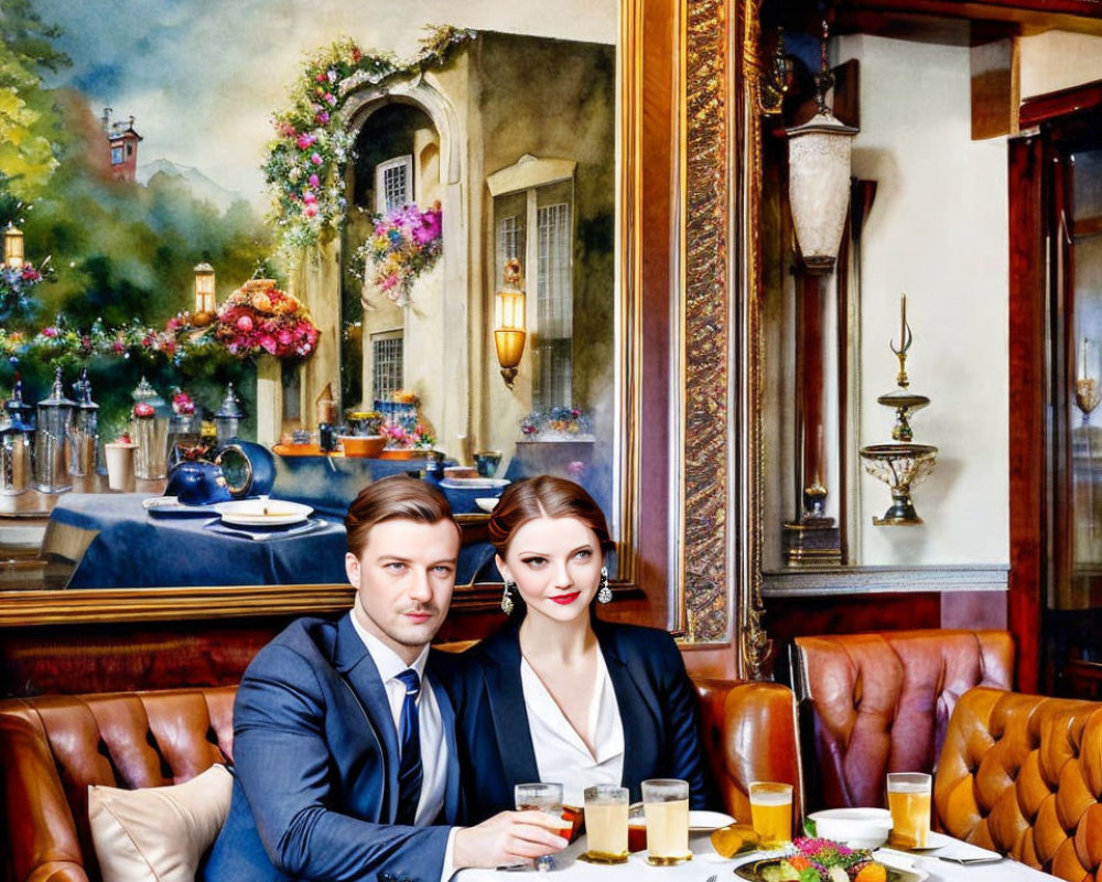 Elegant couple dining in luxurious setting with village mural