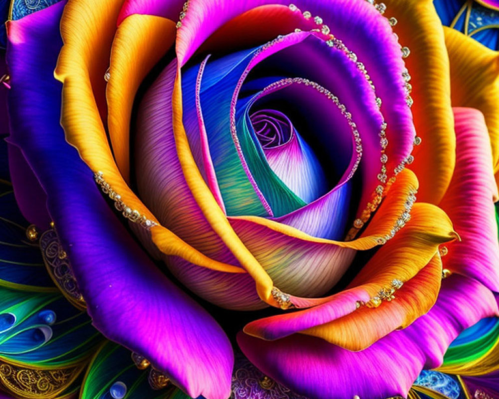 Digitally-enhanced vibrant rose with purples, blues, and pinks, showcasing dewdrop