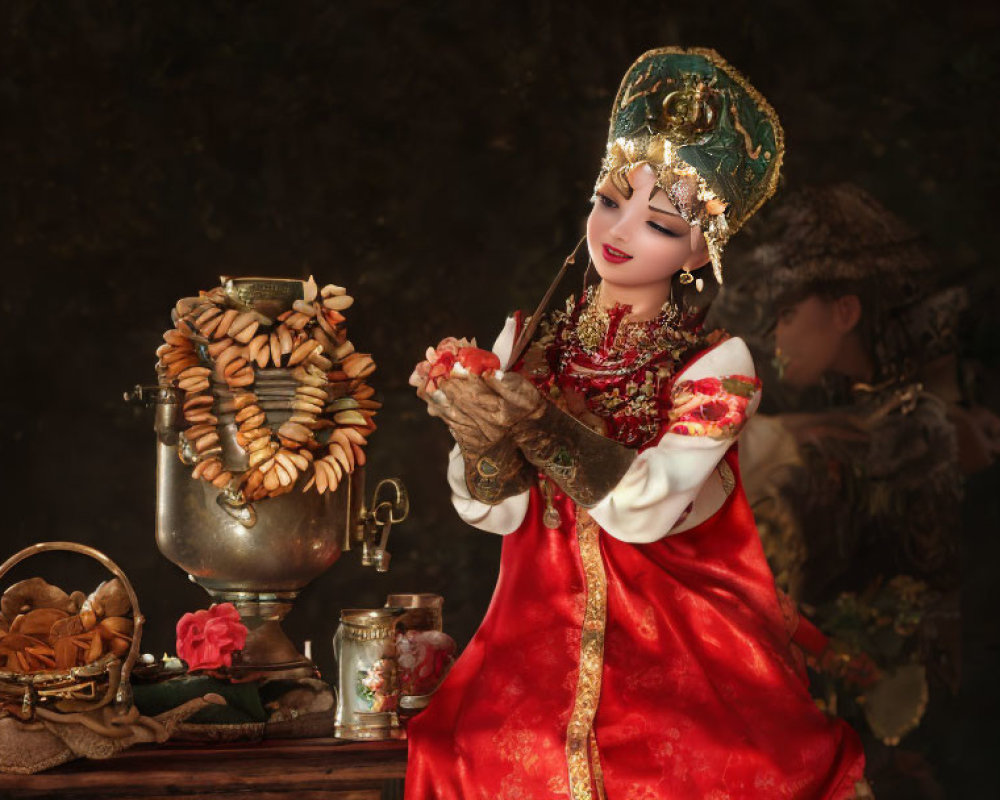 Traditional Russian Attire Woman with Samovar and Bagels in Vintage Setting