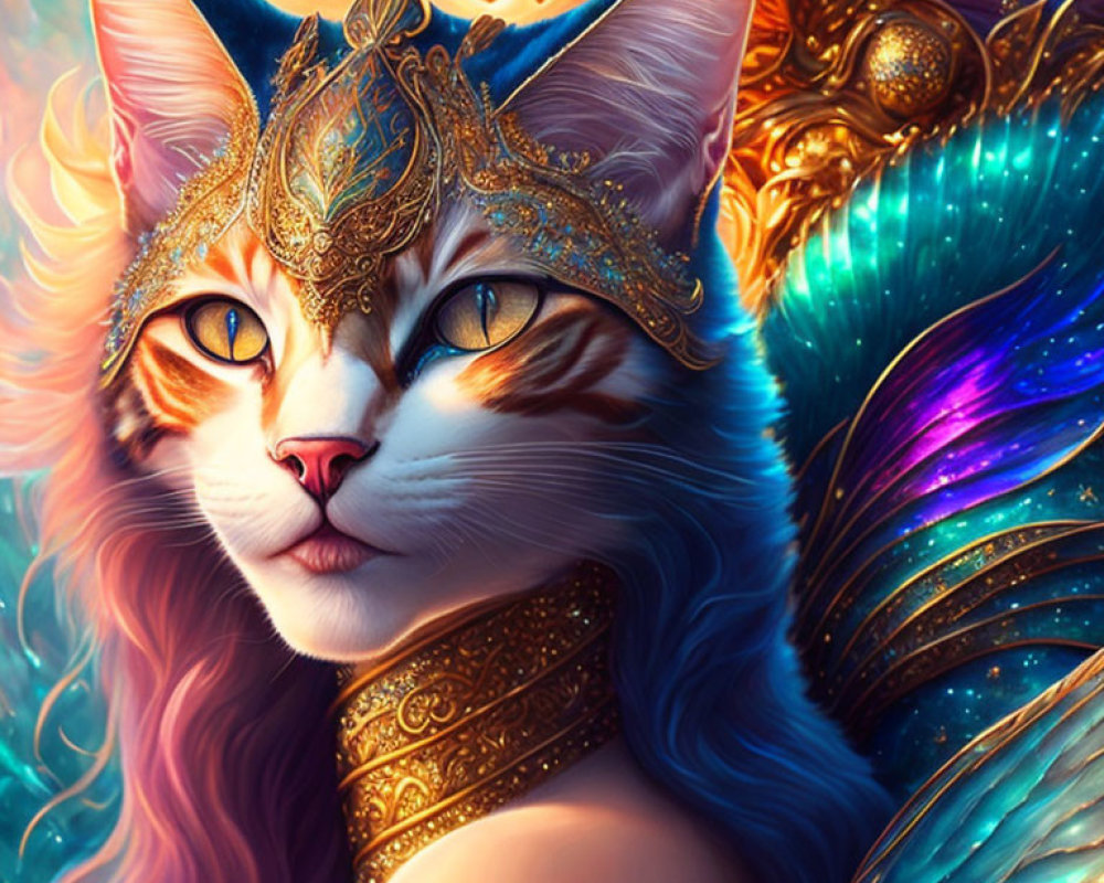 Colorful Digital Art: Majestic Cat with Golden Mask and Vibrant Background