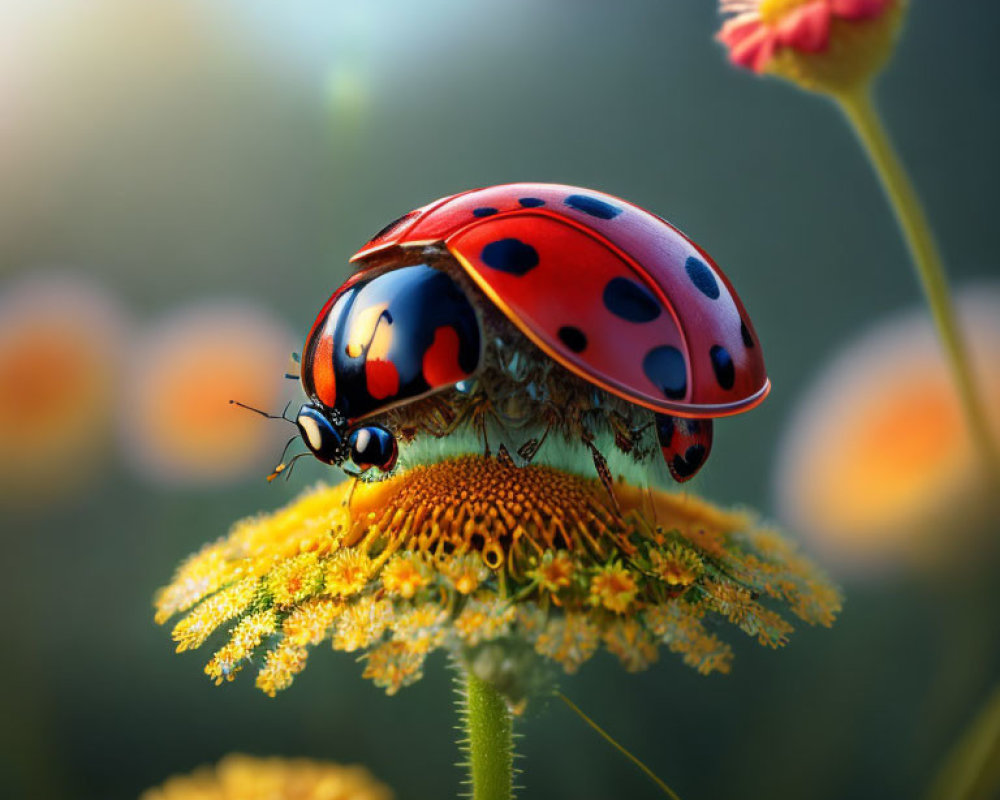 Red ladybug on yellow flower with black spots in soft-focused garden