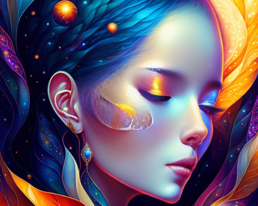 Colorful digital artwork: Woman with cosmic hair, planets, and feather earring