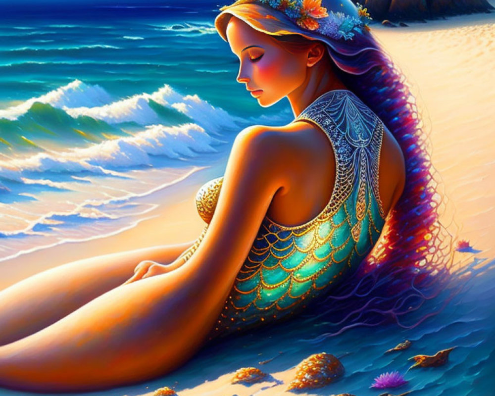 Vibrant sunset beach illustration of woman with mermaid-like design on back