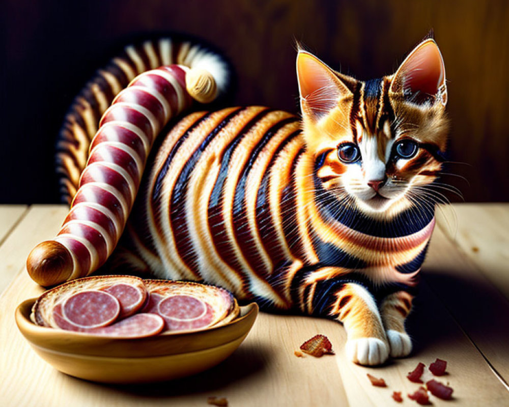 Playful cat with candy cane stripes near salami bowl