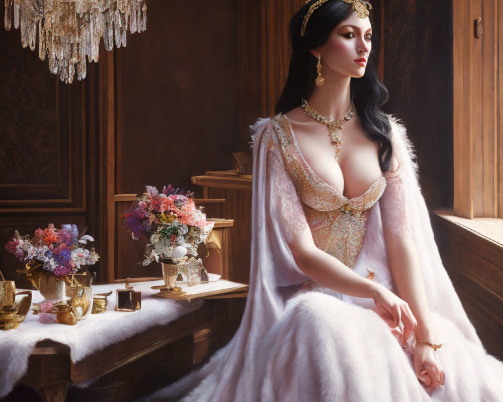 Regal woman in white gown and jeweled headpiece in luxurious room