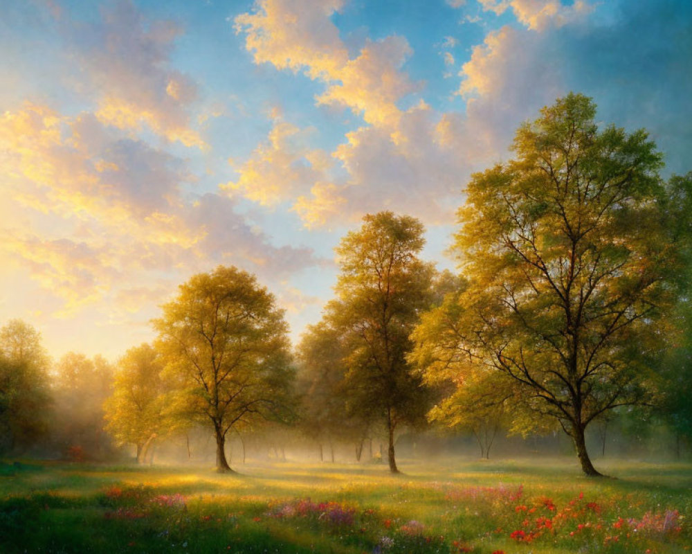 Tranquil Sunrise Landscape with Trees, Flowers, and Clouds