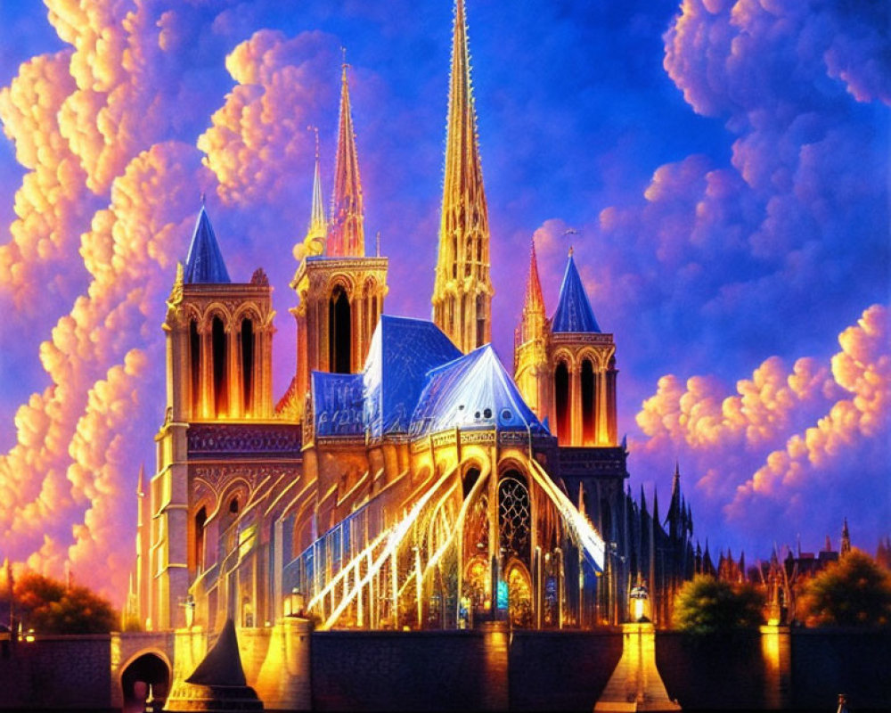 Gothic Cathedral Artwork: Illuminated Stained Glass & Twin Spires