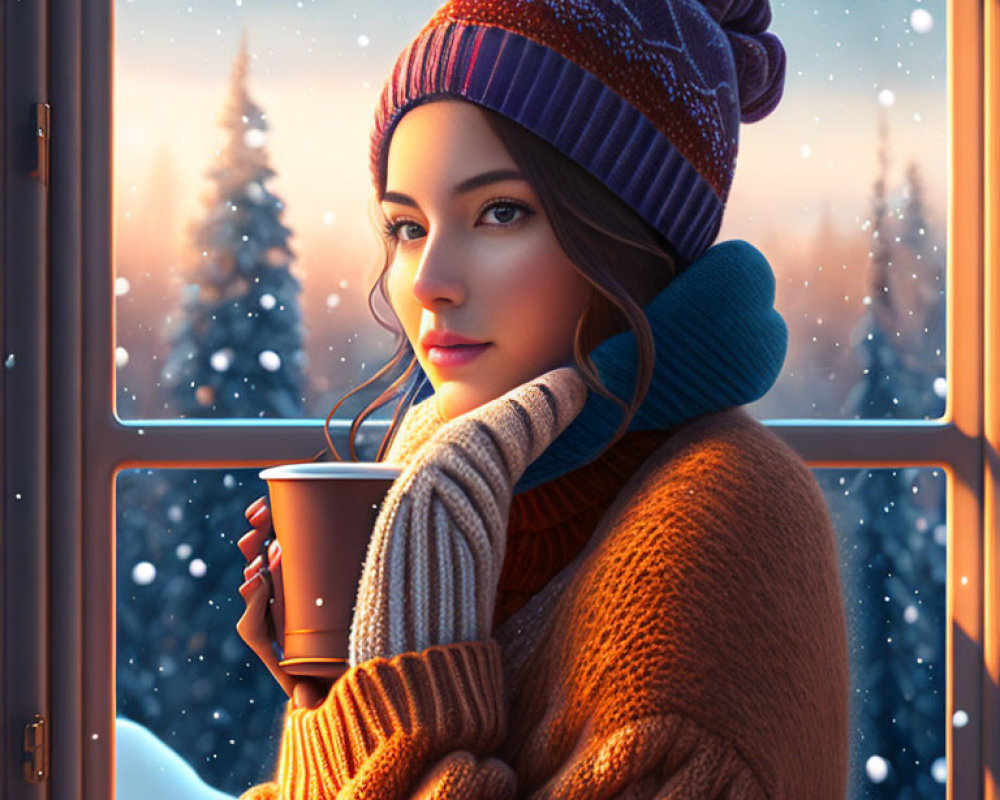 Woman in knitted hat and sweater gazes at snowy twilight landscape through window