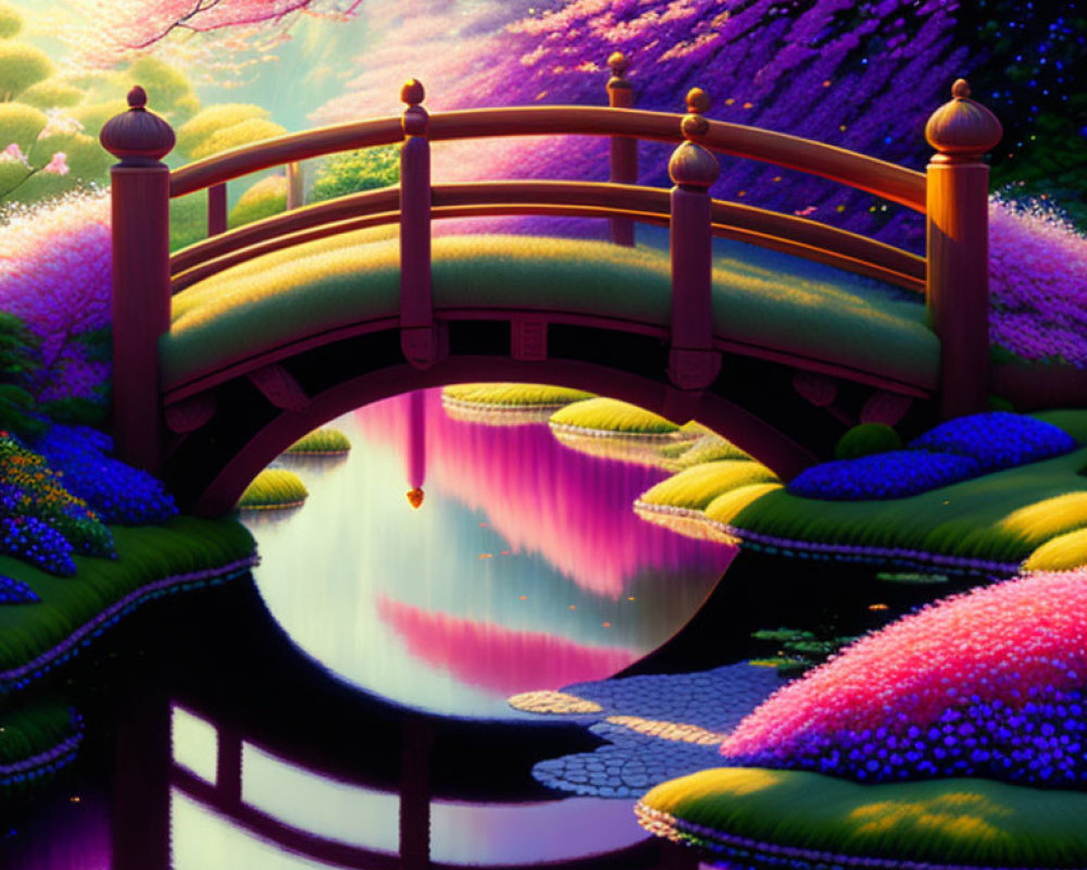 Colorful fantasy landscape with wooden bridge over calm river amid vibrant flora under purple sky