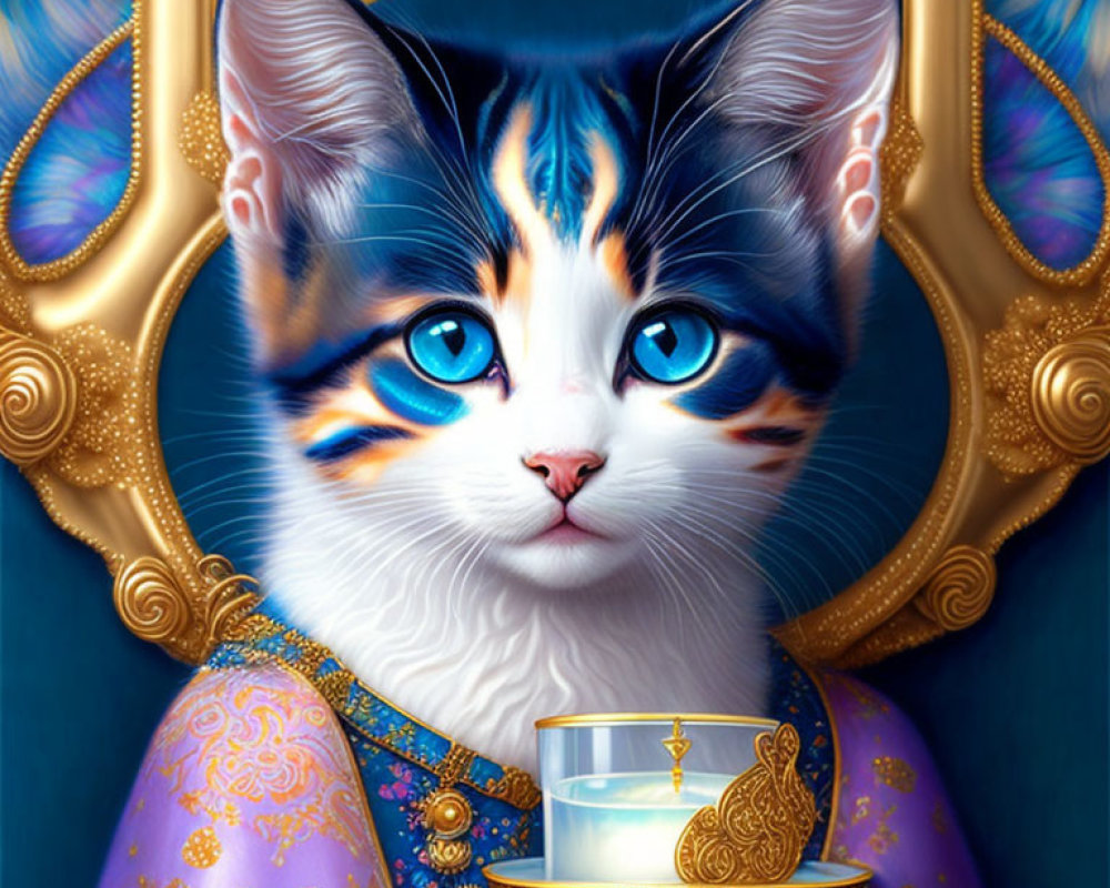 Regal cat with blue eyes holding golden bowl on ornate blue background