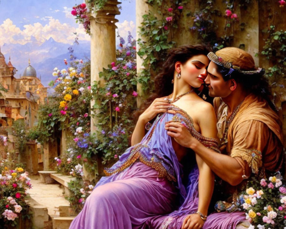 Historical Couple Embracing in Romantic Scene