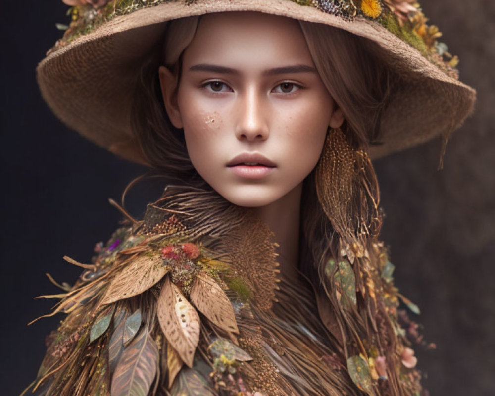 Serene woman in flower-adorned hat and leaf-textured garment