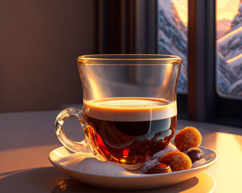 Sunlit tea cup on saucer with sugar cubes and strawberries by mountain sunset view