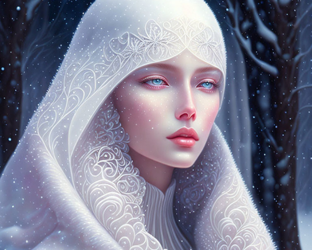 Woman with blue eyes in white headwear and cloak in snowy forest portrait