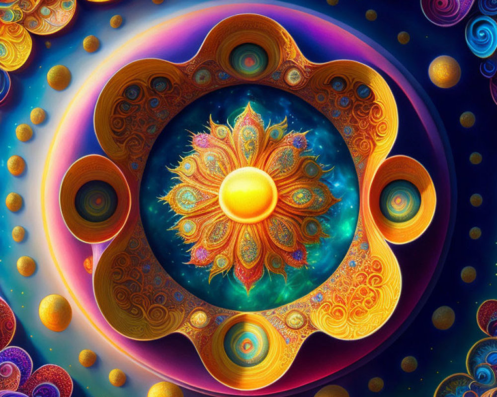 Colorful Fractal Artwork with Glowing Orb and Intricate Patterns