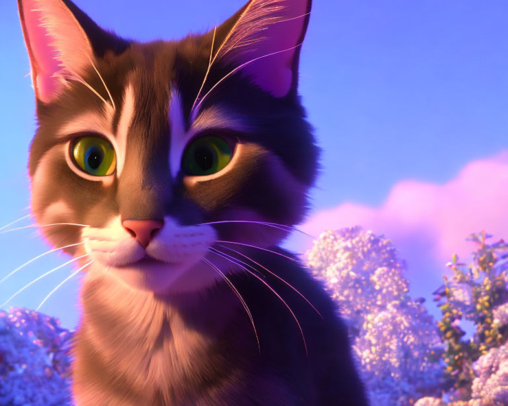 3D-animated cat with green eyes in purple flower backdrop