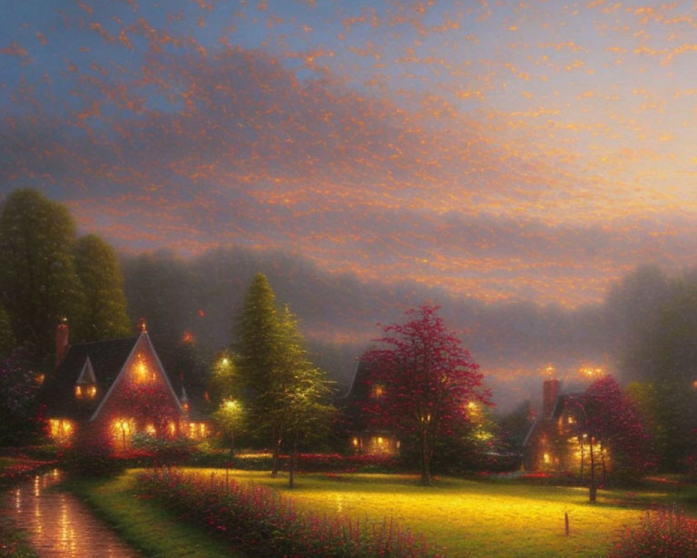 Twilight scene: Warm-lit cottages, lush trees, starry sky, golden path