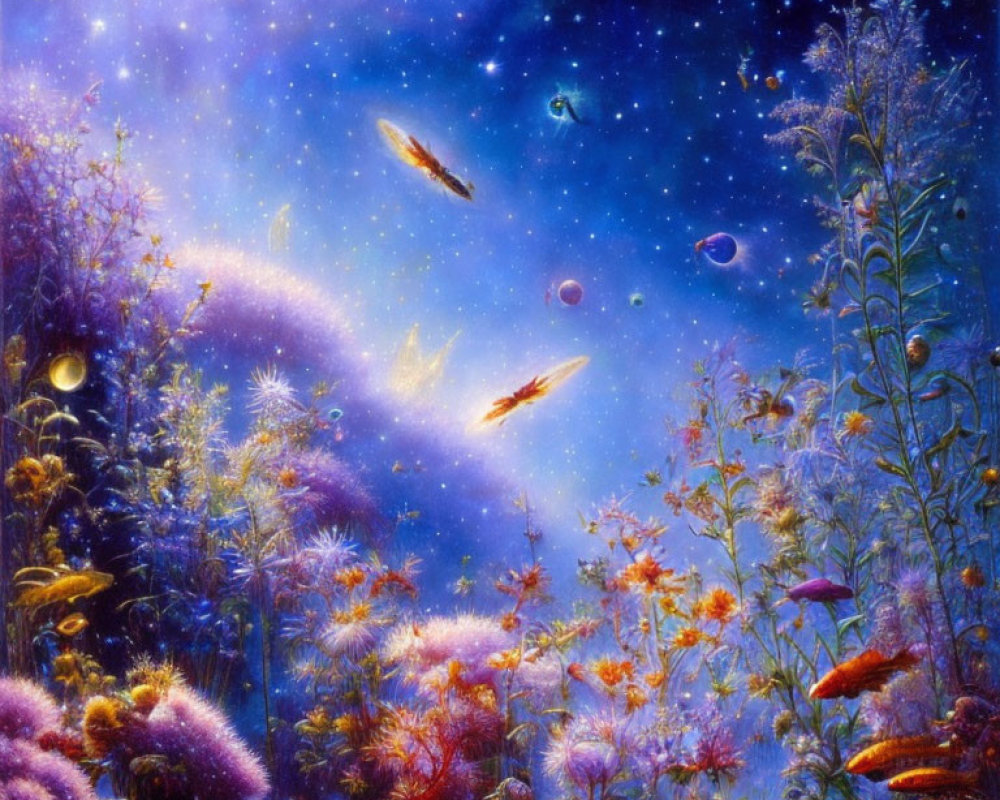 Colorful cosmic landscape with flowers, fish-like creatures, stars, planets, and nebulae.