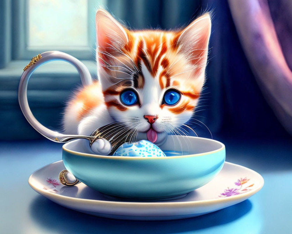 Illustration of orange and white kitten in teacup with blue eyes and polka-dotted ball