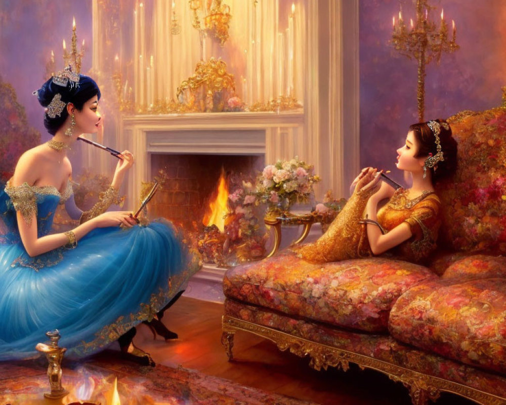 Two elegantly dressed women in luxurious room with fireplace, one playing flute and the other listening.