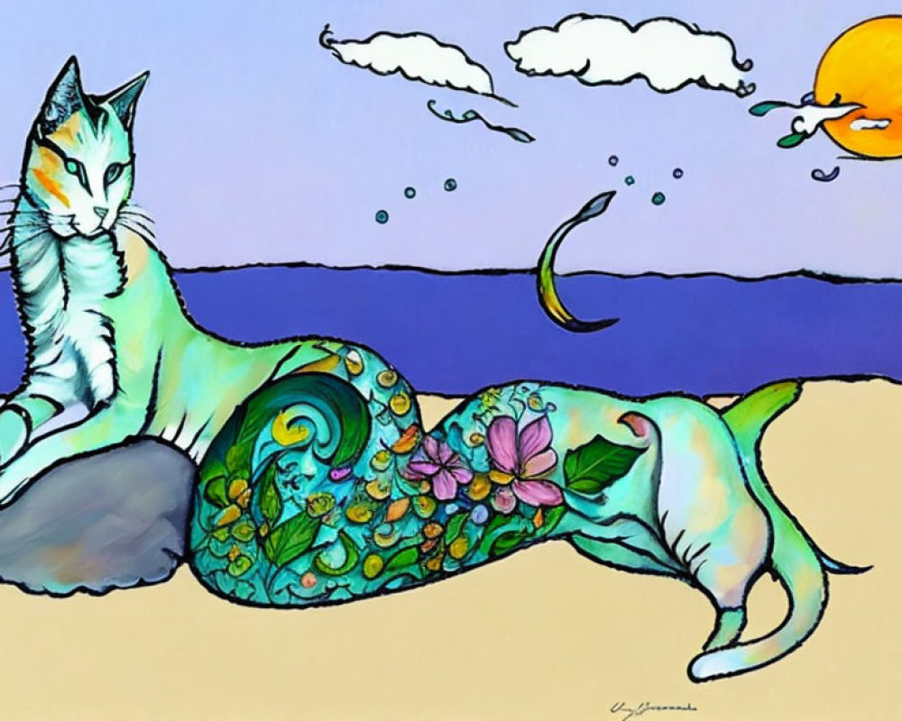 Colorful whimsical cat with mermaid tail on sea rock at sunset