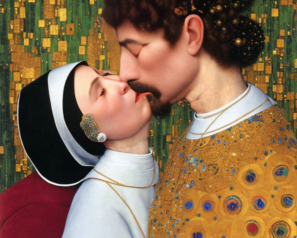 Digitally altered image blending Gustav Klimt's "The Kiss" with a realistic kiss scene