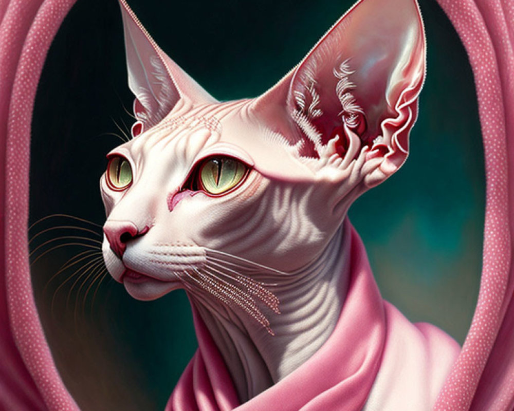 Hairless cat with prominent ears and yellow eyes in pink scarf on dark background