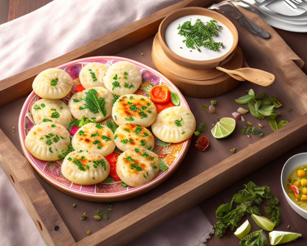 Savory dumplings with herbs, sour cream, corn, and peas on wooden table