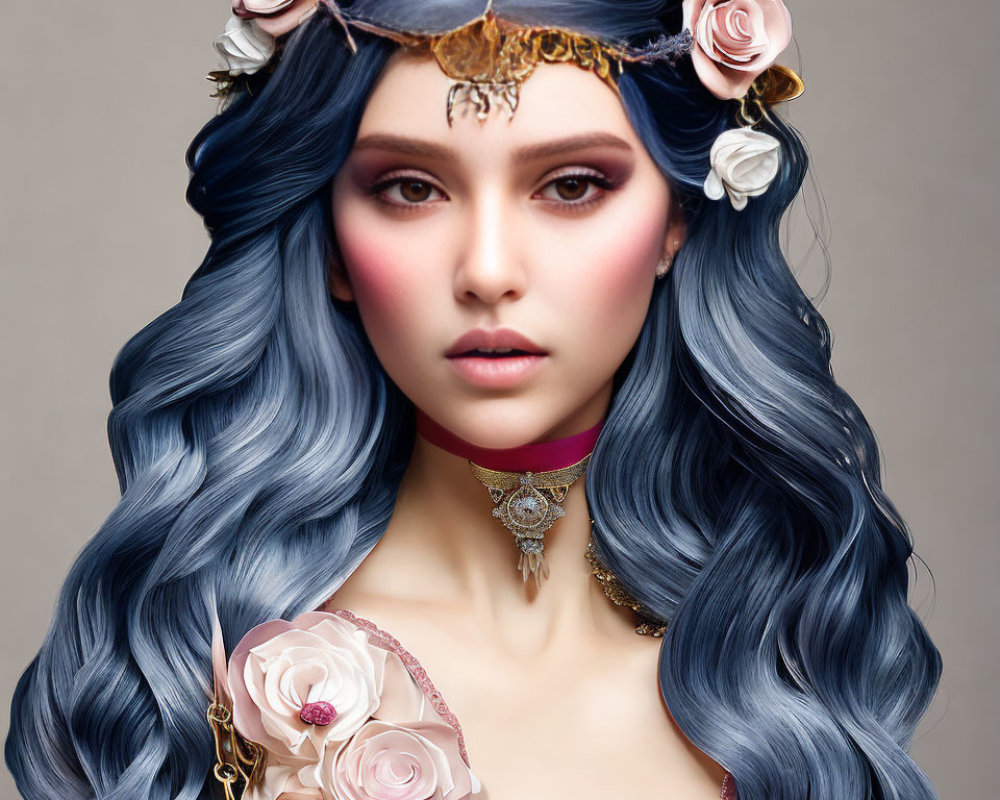 Vibrant makeup on woman with wavy blue hair and floral crown