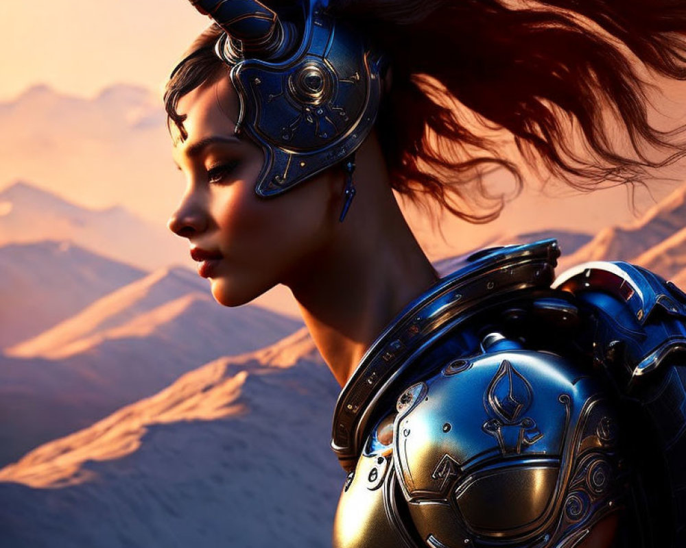 Elaborate armored female warrior at sunrise in the desert