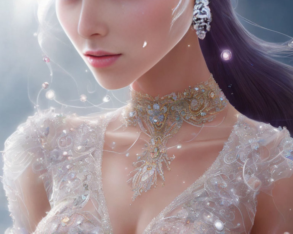 Digital artwork of a woman in elaborate gown with sparkling jewelry and serene expression, surrounded by floating beads.