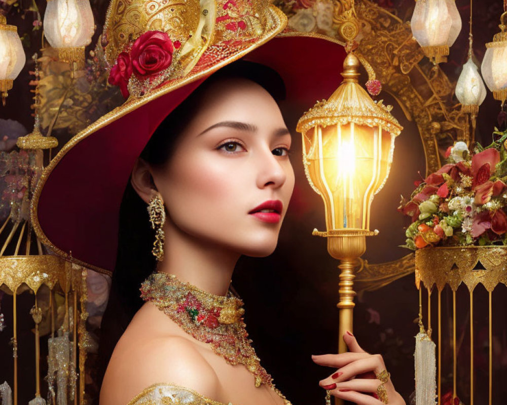 Woman in ornate golden and red hat with jeweled choker, surrounded by golden lamps and gates