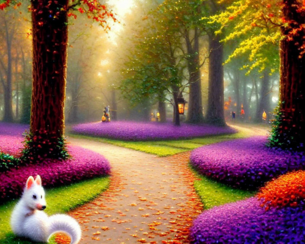 Vibrant park with purple flowerbeds, tall trees, and a white squirrel