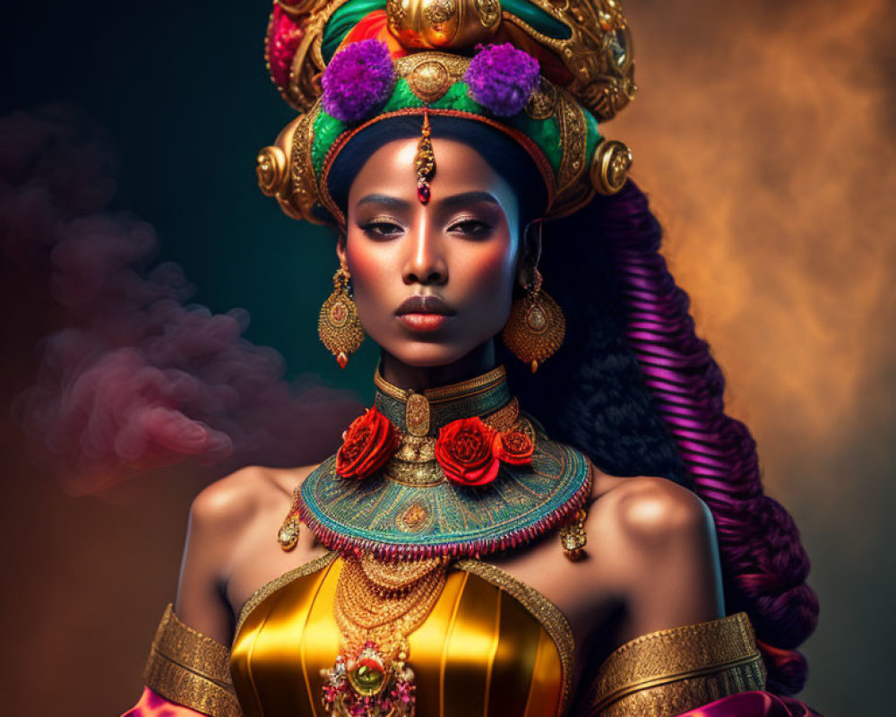 Regal woman in luxurious costume with headdress and jewelry on moody backdrop