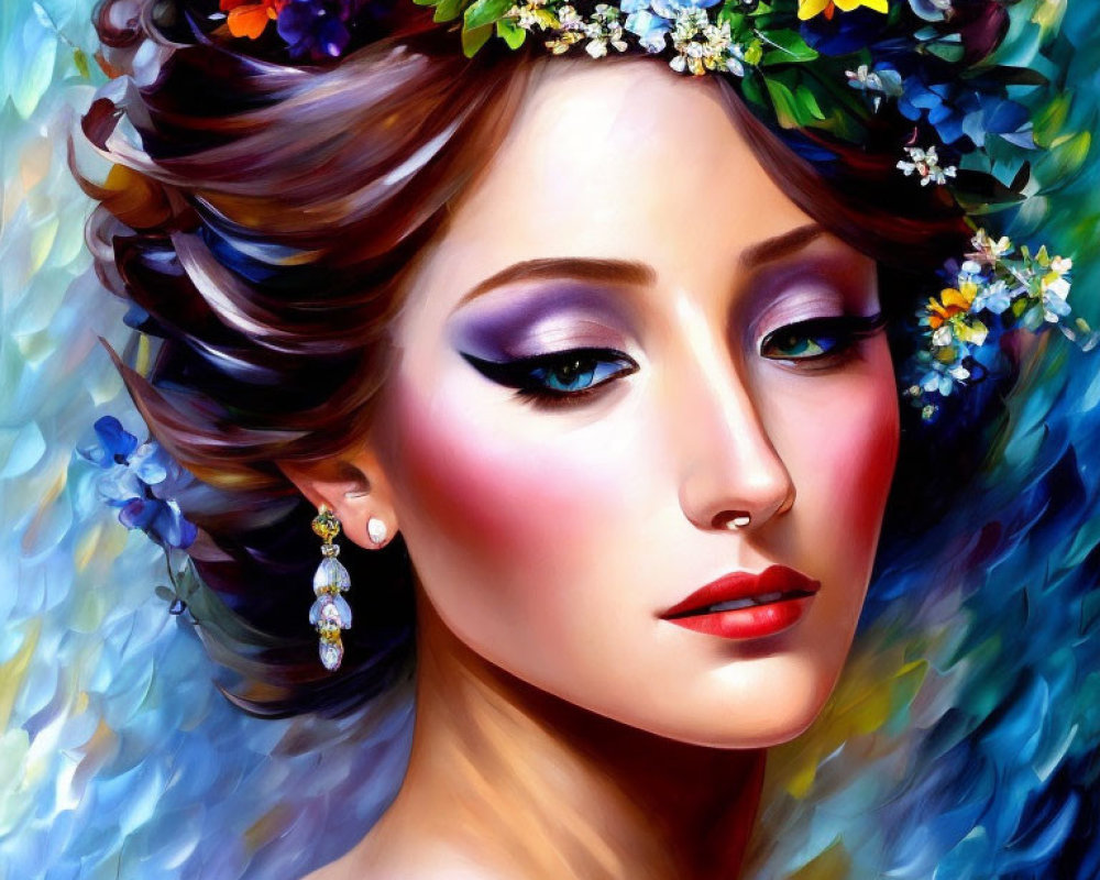 Detailed illustration of woman with floral crown, vibrant makeup, and earrings against colorful background