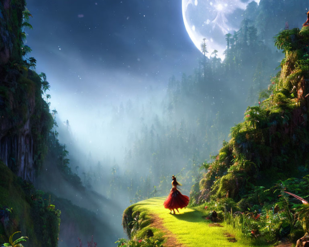 Person in red cloak on verdant path in mystical forest under large moon and stars