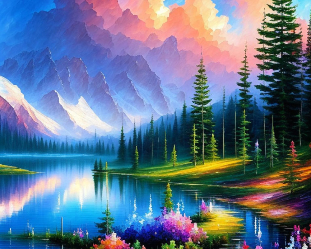 Colorful Mountain Landscape with Lake, Trees, and Flowers under Dramatic Sky