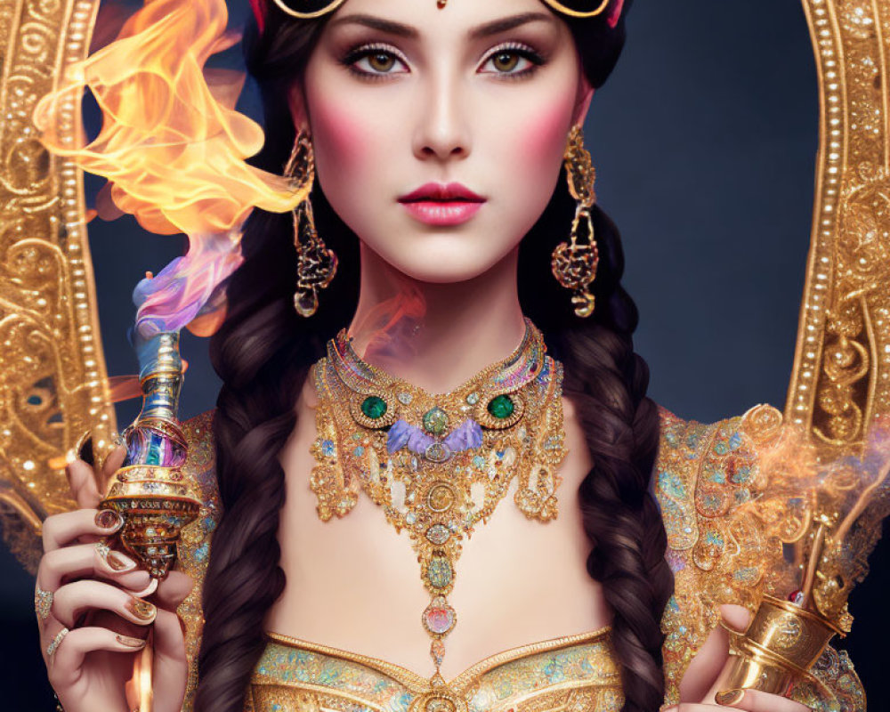 Braided hair woman with jeweled headdress holding flaming torch