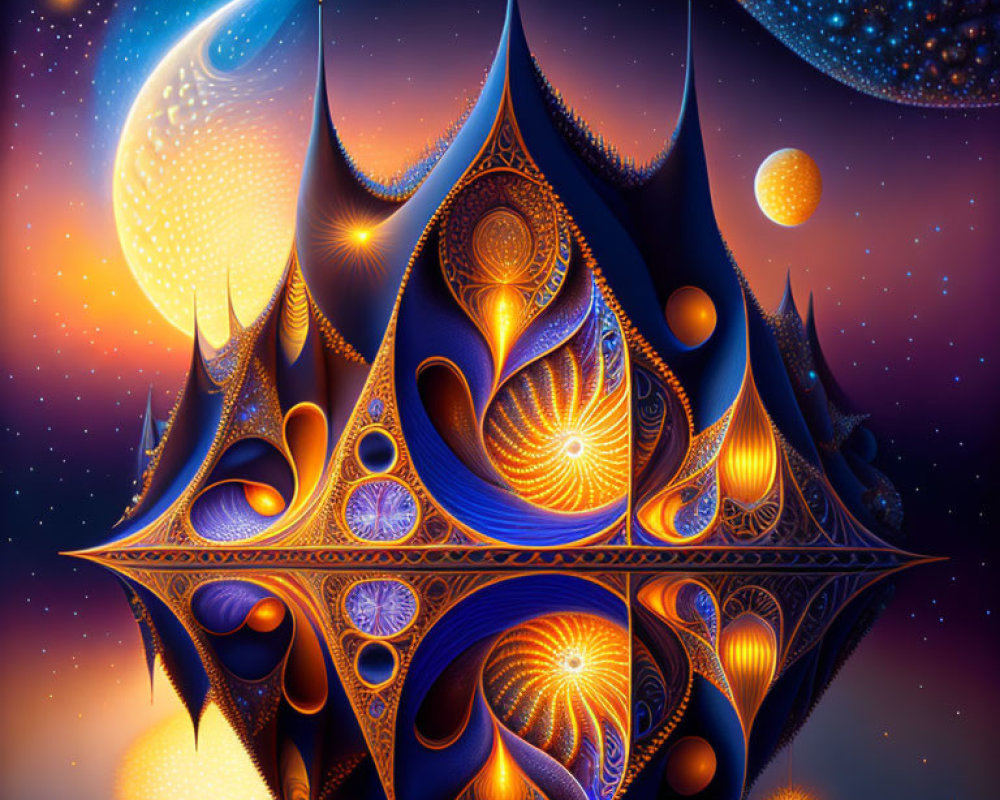 Symmetrical cosmic digital artwork with fractal patterns