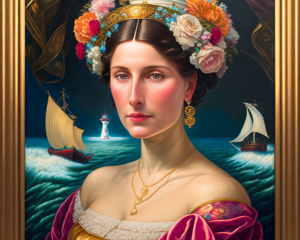 Maritime-themed portrait of a woman with ships, lighthouse, floral crown, and classical attire